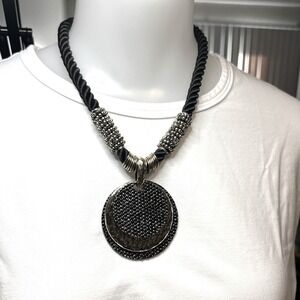 Statement Necklace Black Rope Gold Tone Textured Disc Pendant Fashion Jewelry